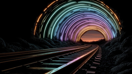 Neon Rail Tunnel: A captivating perspective of a railway track leading through a vibrant neon-lit tunnel, creating a futuristic ambiance and visual journey.