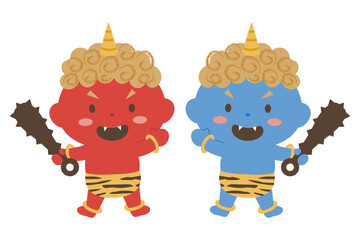 子ども向けの赤鬼と青鬼のかわいいイラストセット