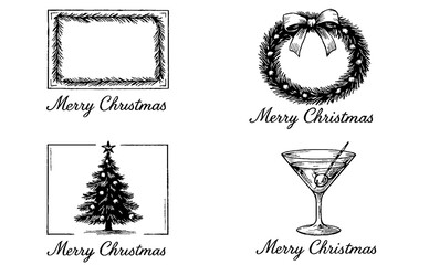 Vintage Black and White Merry Christmas Illustration Collection Featuring Hand-Drawn Holiday Wreath, Festive Frame, Christmas Tree, and Elegant Cocktail Glass Design Elements