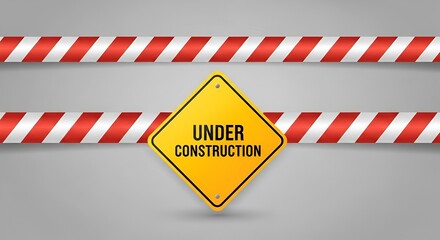 Under construction sign with barrier tape, indicating ongoing work in the area
