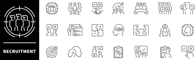 Recruitment icon set. Thin line icons set related to recruitment and headhunting. Recruitment web icons in line style. Collection of recruitment related outline icons