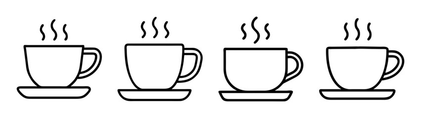 Four steaming coffee mugs vector illustration for cafe menu design and morning beverage concepts art