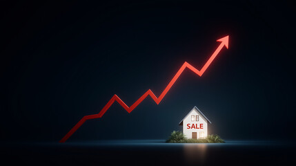 Rising Real Estate: A minimalist illustration of a house with a sale sign and a dynamic upward-trending arrow. This graphic suggests the increase in value or sale of a property.
