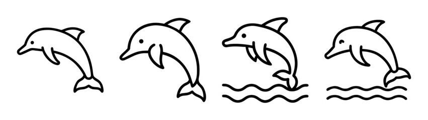 Dolphin drawing vector illustration, cute jumping dolphins in ocean waves line art design idea