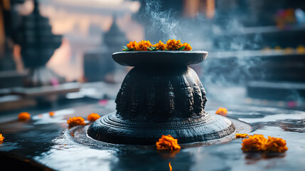 Close-up of a sacred Shivalinga adorned with vibrant flowers, showcasing intricate carvings and an atmosphere of reverence and spirituality