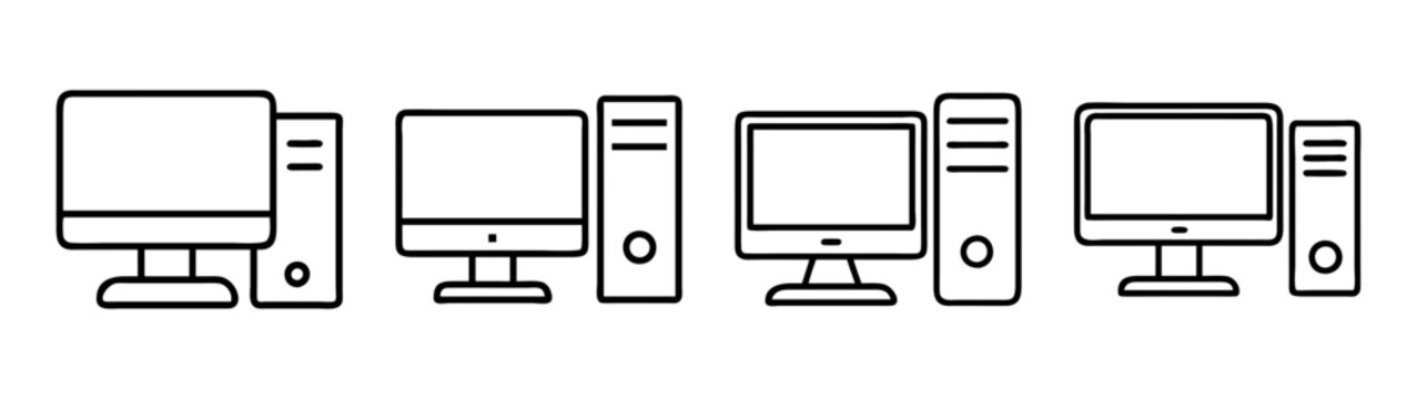 Desktop computer workstation setup line art vector illustration for office and home use design