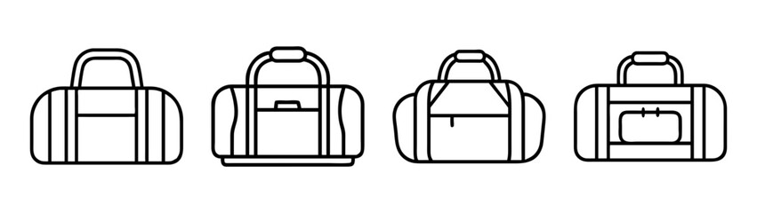 Outline drawing of duffel bags and gym bags for sports and travel with handle and pockets design