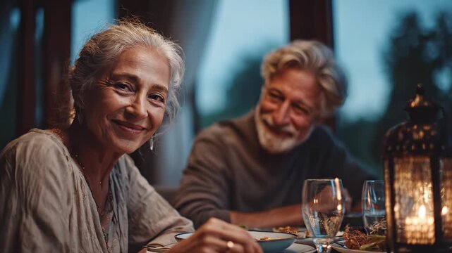 Senior couple celebrating Ramadan at table together. Elderly pair enjoying iftar meal indoors. Mature retirees observing Islamic holiday tradition. Active citizens religious festive dinner.