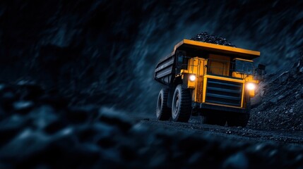 Giant Mining Dump Truck Hauling Coal in a Dark Environment