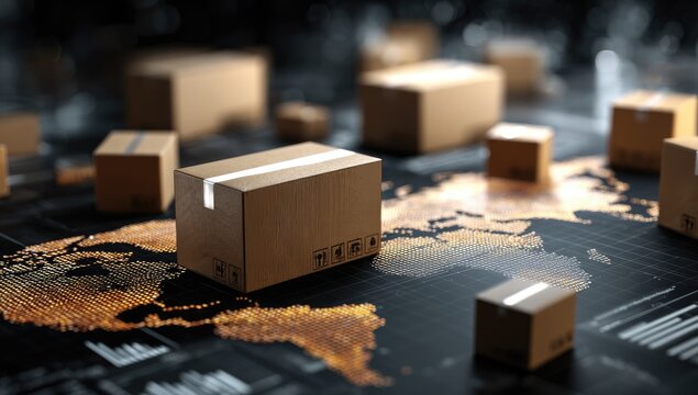 Conceptual image depicting global delivery with cardboard boxes on a stylized world map