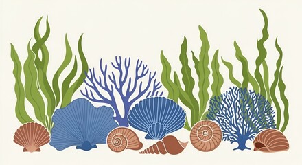 Elegant Undersea Border with Shells, Coral and Seaweed Graphic Vector Design