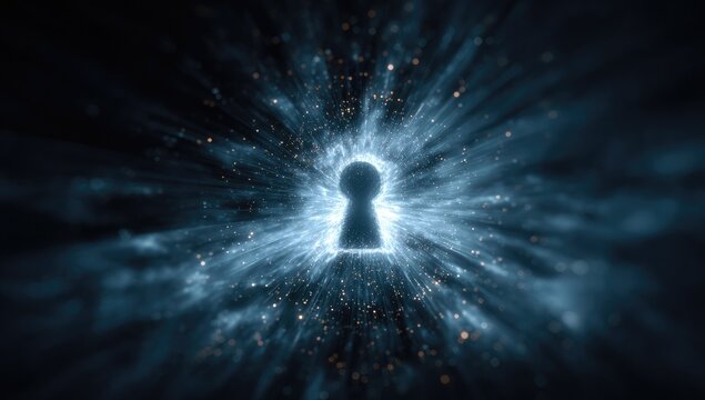 Glowing keyhole in a dreamy, cosmic space, emanating light and tiny sparkling particles