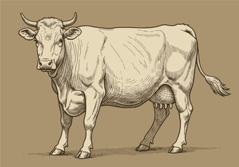 Hand-drawn dairy cow illustration in a classic engraving style, isolated vector artwork for farming and agricultural design