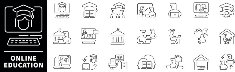 Online education icon set. Thin line icons set related to online education and E-learning. Online education web icons in line style. Collection of distance learning related outline icons