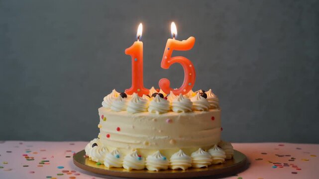 Decorated cake with candle in number 15. Video for birthday or anniversary party and celebration