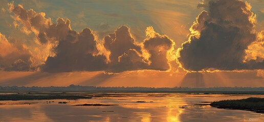 A scenic sunset paints the sky with warm colors, reflecting in the tranquil waters below