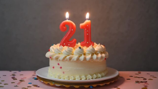 Decorated cake with candle in number 21. Video for birthday or anniversary party and celebration - Powered by Adobe