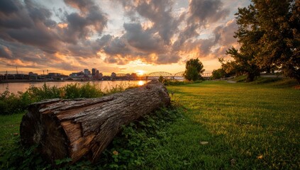 A scenic sunset over a river with a large log in the foreground and city skyline