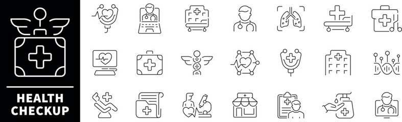 Health checkup icon set. Thin line icons set related to health checkup and health care. Health checkup web icons in line style.