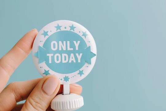 Bright blue starburst sign states 'Only Today' held by a hand, emphasizing a limited time offer. Ideal for promotions and discounts that require immediate attention