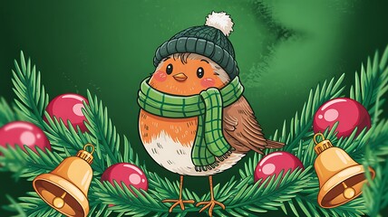 A cute robin, adorned with a hat and scarf, is perched among Christmas ornaments