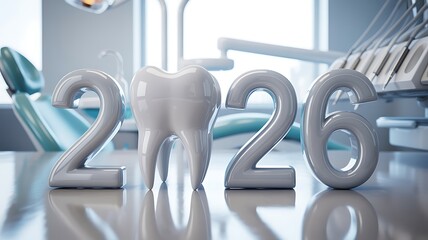 A glossy molar stands between the numerals 2026 inside a clinical dental office