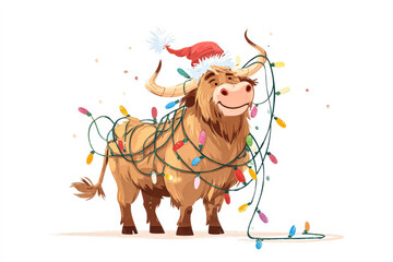 Festive highland cow adorned with Christmas lights and Santa hat for holiday cheer