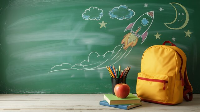Yellow backpack near books, pencils, and a chalkboard drawing of a rocket ready for school
