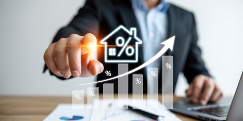 An Asian man touches a glowing house icon with an upward moving percentage graph