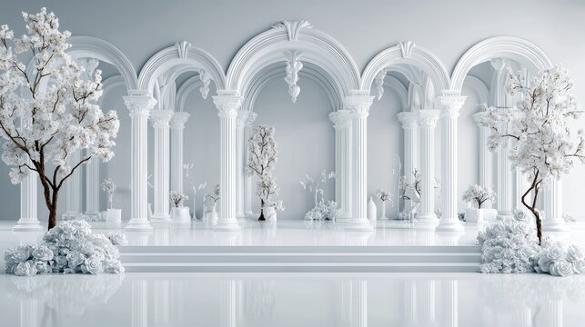 A serene and elegant scene featuring white classical architecture with arches and columns, adorned with blooming trees and lush white floral arrangements. The s - Powered by Adobe