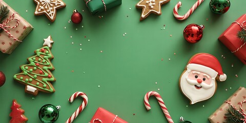 Festive flat lay of Christmas gingerbread cookies and wrapped gifts on green background
