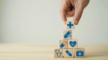 Hand places a plus symbol block atop stack of medical icon wooden cubes