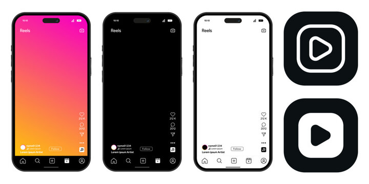 Reels social media app screen mockup set in light and dark mode