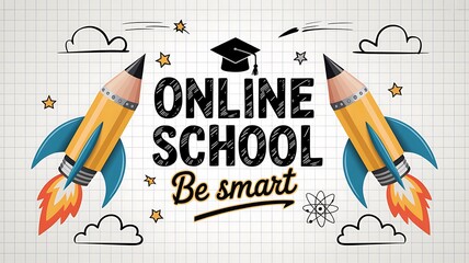 On a squared background, two pencil rockets frame online school texts and icons