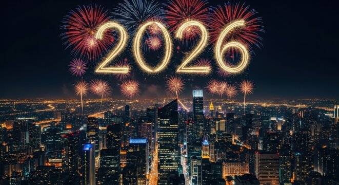 New Year 2026 fireworks over city skyline