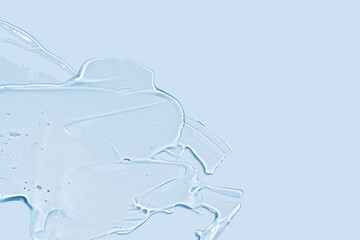 Gel texture swoosh swatch sample cosmetics. Cosmetic gel product with bubbles close up. facial jelly serum, cleanser, shower gel or shampoo