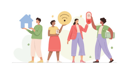 Fototapeta premium A group of four diverse figures with one holding a vibrant blue object presented in a clean modern vector design with a variety of color options