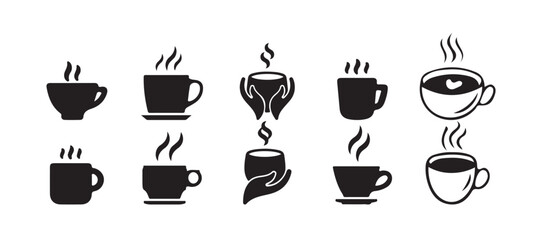 Coffee Cup Icon Set. Hot Beverage Silhouettes, Cafe Logo Elements, Steaming Cup Designs. Vector illustration eps 10