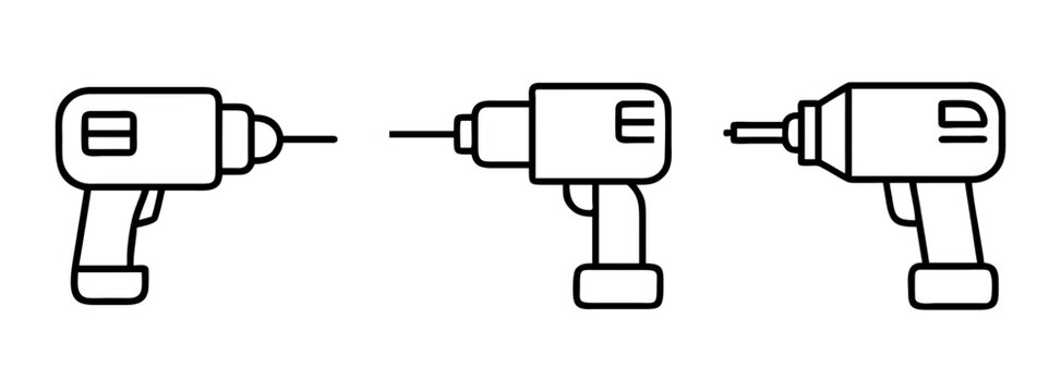 Drill vector illustration set, power tool icon, cordless drill machine, electric hand drill, tool