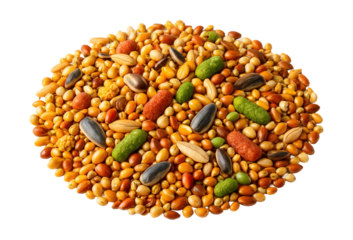 A vibrant blend of seeds and grains, ideal for nourishing pet birds indoors.