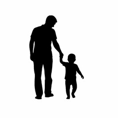 Father and child walking together holding hands in silhouette.