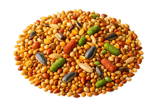 A vibrant blend of seeds and grains, ideal for nourishing pet birds indoors.