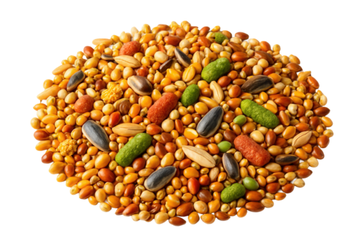 A vibrant blend of seeds and grains, ideal for nourishing pet birds indoors.