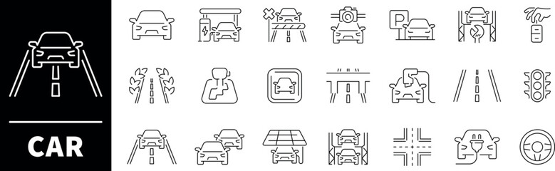 Car icon set. Thin line icons set related to car and vehicles. Car icons collection in line style.