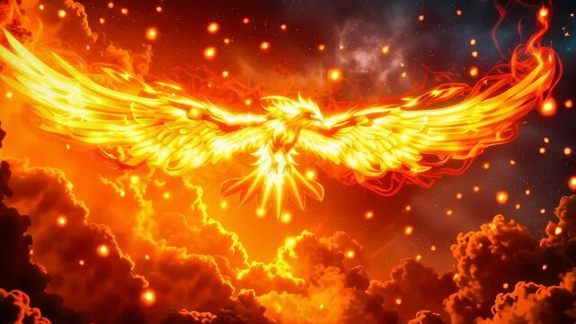 Fiery phoenix glowing wings blazing feathers fantasy bird fire sparks molten cloud dramatic sky myth creature soar with rebirth energy Fiery phoenix
