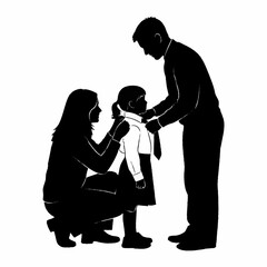 Parents helping their young daughter get dressed for school, a heartwarming family moment.