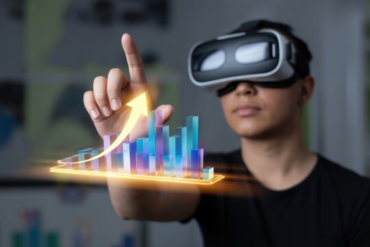 Navigating the Digital Frontier: A person wearing a VR headset interacts with an augmented reality data display, symbolizing innovation and technological advancement.