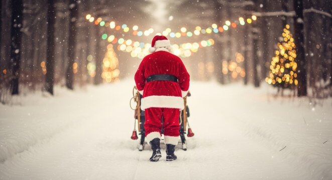 Santa Claus pulling sleigh through snowy forest