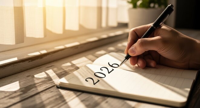 Hand writing 2026 in notebook near window