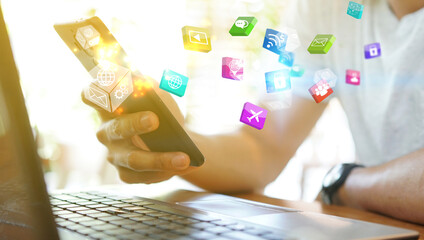 Hand using smartphone connecting, Social network concept.